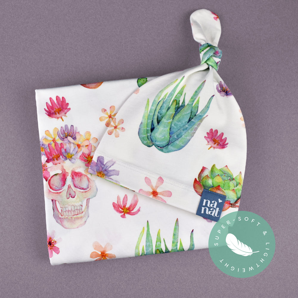 Classic Gift Bundle - Succulents & Skulls Baby Blanket + Knotted Beanie Hat