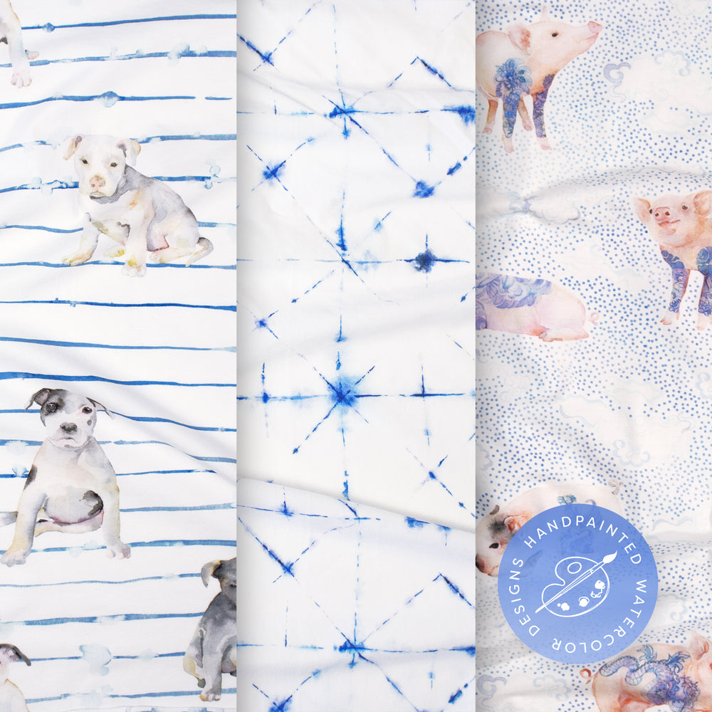 
                      
                        Super Snuggle Gift Bundle - Pit Bull Puppies, Geometric Shibori, Tattoo Pigs Blankets & Hats
                      
                    